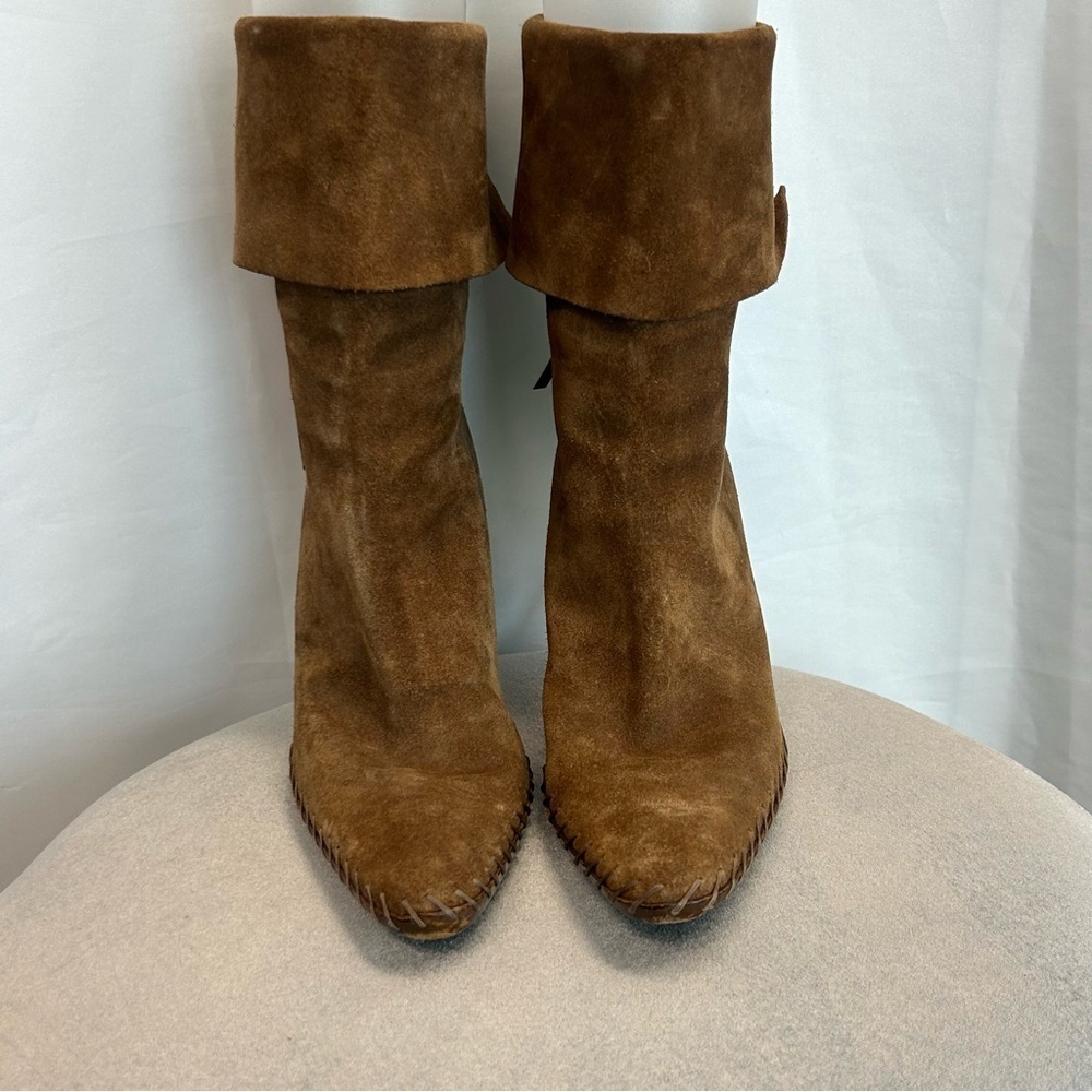 Gucci Vintage Camel Suede Leather folded Peter Pan lace up Ankle Boots Sz 8.5 - Picture 5 of 14